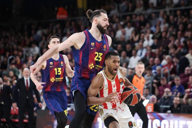 March 27, 2026, Barcelona, Barcelona, Spain: Jared Butler of Crvena Zvezda Meridianbet Belgrade and Tornike Shengelia of FC Barcelona, Barca in action during the EuroLeague Regular Season Round 34 match played between FC Barcelona and Crvena Zvezda Meridianbet Belgrade at Palau Blaugrana on March 27, 2026 in Barcelona, Spain. Barcelona Spain - ZUMAa181 20260327_zaa_a181_189 Copyright: xJavierxBorregox
