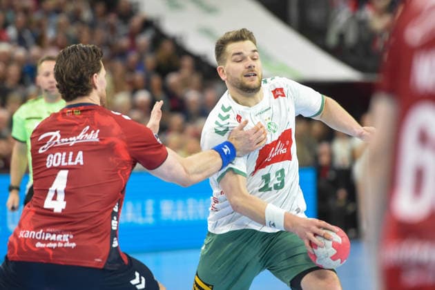 Handball I Men I Season 2025 2026 I Bundesliga I 26 Matchday I SG Flensburg Handewitt GWD Minden I 27 03 2026 from left Johannes Golla 4, SG Flensburg Handewitt , Ian Weber 13, GWD Minden Copyright: xLobeca JanxKirschnerx