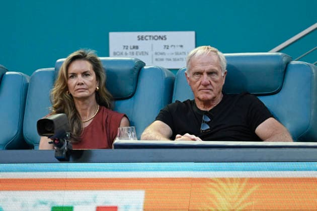 MIAMI GARDENS, FL - MARCH 27: Former professional golfer Greg Norman and wife Kirsten Norman in attendance at the menÕs semifinal match of the Miami Open on March 27, 2026, at Hard Rock Stadium in Miami Gardens, Florida. (Photo by Michele Eve Sandberg Icon Sportswire) TENNIS: MAR 27 Miami Open EDITORIAL USE ONLY Icon2603270697