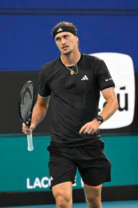 MIAMI GARDENS, FL - MARCH 27: Alexander Zverev of Germany, reacts after the point, during the match against Jannik Sinner of Italy, during the men™s semifinal match of the Miami Open on March 27, 2026, at Hard Rock Stadium in Miami Gardens, Florida. (Photo by Michele Eve Sandberg Icon Sportswire) TENNIS: MAR 27 Miami Open EDITORIAL USE ONLY Icon2603270717