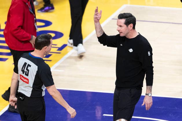 March 27, 2026, Los Angeles, California, USA: Los Angeles Lakers head coach JJ Redick complaints a call during an NBA, Basketball Herren, USA basketball game against the Brooklyn Nets at Crypto.com Arena on Friday, March 27, 2026 in Los Angeles. NBA 2026: Nets Vs Lakers  - ZUMAc68_ 20260327_zaf_c68_004 Copyright: xRingoxChiux