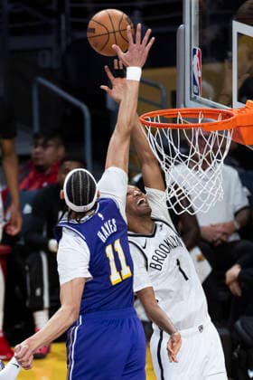 March 27, 2026, Los Angeles, California, USA: Brooklyn NetsÃ¢â‚¬â ¢ Ziaire Williams (1) goes to the basket under pressure from Los Angeles LakersÃ¢â‚¬â ¢ Jaxson Hayes (11) during an NBA, Basketball Herren, USA basketball game at Crypto.com Arena on Friday, March 27, 2026 in Los Angeles. NBA 2026: Nets Vs Lakers  - ZUMAc68_ 20260327_zaf_c68_021 Copyright: xRingoxChiux