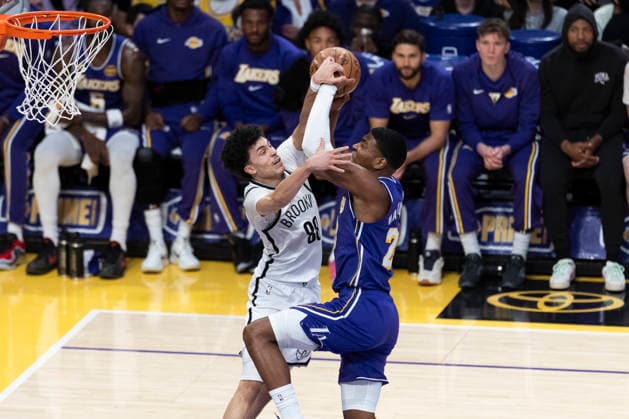 March 27, 2026, Los Angeles, California, USA: Los Angeles LakersÃ¢â‚¬â ¢ Rui Hachimura (28) goes to the basket under pressure from Brooklyn NetsÃ¢â‚¬â ¢ Nolan Traore (88) during an NBA, Basketball Herren, USA basketball game at Crypto.com Arena on Friday, March 27, 2026 in Los Angeles. NBA 2026: Nets Vs Lakers  - ZUMAc68_ 20260327_zaf_c68_023 Copyright: xRingoxChiux