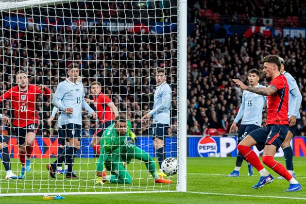 England v Uruguay, Friendly GOAL scores 1-0 England defender Ben White (12) scores during the Friendly match between England and Uruguay at Wembley Stadium, London, UK on 27 March 2026. London Wembley Stadium Greater London UK Editorial use only , Copyright: xManjitxNarotrax PSI-23956-0056