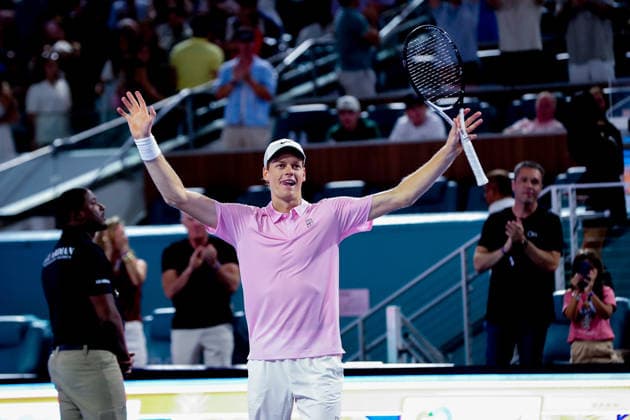 MIAMI GARDENS, FL - MARCH 27: Jannik Sinner (ITA) celebrates after his win in his men™s semi-final singles match against Alexander Zverev (GER) at the Miami Open on March 27, 2026, at Hard Rock Stadium in Miami Gardens, Florida,(Photo by Chris Arjoon Icon Sportswire) TENNIS: MAR 27 Miami Open EDITORIAL USE ONLY Icon2603270010123