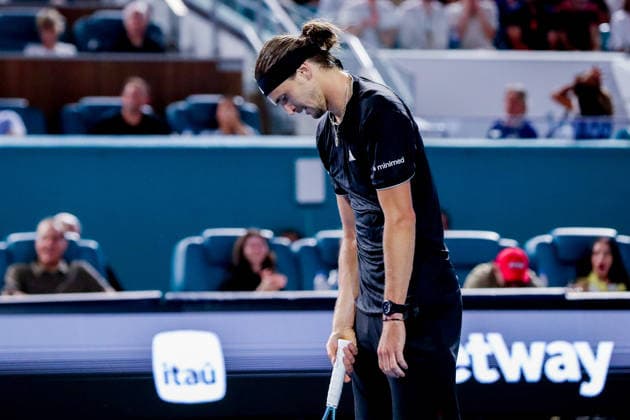MIAMI GARDENS, FL - MARCH 27: Alexander Zverev (GER) reacts during a men™s semi-final singles match against Jannik Sinner (ITA) at the Miami Open on March 27, 2026, at Hard Rock Stadium in Miami Gardens, Florida,(Photo by Chris Arjoon Icon Sportswire) TENNIS: MAR 27 Miami Open EDITORIAL USE ONLY Icon2603270010130