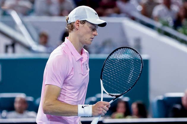 MIAMI GARDENS, FL - MARCH 27: Jannik Sinner (ITA) looks on during a men™s semi-final singles match against Alexander Zverev (GER) at the Miami Open on March 27, 2026, at Hard Rock Stadium in Miami Gardens, Florida,(Photo by Chris Arjoon Icon Sportswire) TENNIS: MAR 27 Miami Open EDITORIAL USE ONLY Icon2603270010134