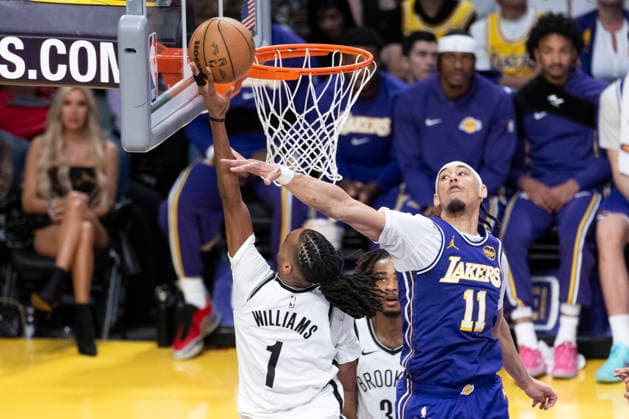 March 27, 2026, Los Angeles, California, USA: Brooklyn NetsÃ¢â‚¬â ¢ Ziaire Williams (1) goes to the basket under pressure from Los Angeles LakersÃ¢â‚¬â ¢ Jaxson Hayes (11) during an NBA, Basketball Herren, USA basketball game at Crypto.com Arena on Friday, March 27, 2026 in Los Angeles. NBA 2026: Lakers 116:99 Nets  - ZUMAc68_ 20260327_zaf_c68_044 Copyright: xRingoxChiux