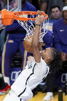 March 27, 2026, Los Angeles, California, USA: Brooklyn NetsÃ¢â‚¬â ¢ Ziaire Williams (1) dunks against the Los Angeles Lakers during an NBA, Basketball Herren, USA basketball game at Crypto.com Arena on Friday, March 27, 2026 in Los Angeles. NBA 2026: Lakers 116:99 Nets  - ZUMAc68_ 20260327_zaf_c68_045 Copyright: xRingoxChiux