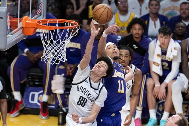 March 27, 2026, Los Angeles, California, USA: Brooklyn NetsÃ¢â‚¬â ¢ Nolan Traore (88) goes to the basket under pressure from Los Angeles LakersÃ¢â‚¬â ¢ Jaxson Hayes (11) during an NBA, Basketball Herren, USA basketball game at Crypto.com Arena on Friday, March 27, 2026 in Los Angeles. NBA 2026: Lakers 116:99 Nets  - ZUMAc68_ 20260327_zaf_c68_047 Copyright: xRingoxChiux