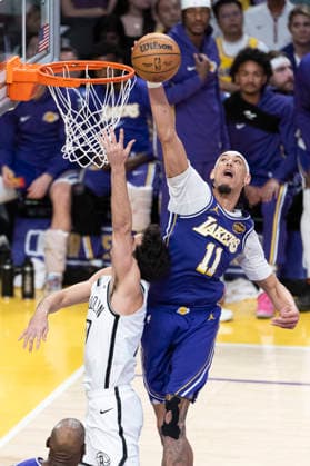 March 27, 2026, Los Angeles, California, USA: Los Angeles LakersÃ¢â‚¬â ¢ Jaxson Hayes (11) blocks a shot by Brooklyn NetsÃ¢â‚¬â ¢ Ben Saraf (77) during an NBA, Basketball Herren, USA basketball game at Crypto.com Arena on Friday, March 27, 2026 in Los Angeles. NBA 2026: Lakers 116:99 Nets  - ZUMAc68_ 20260327_zaf_c68_057 Copyright: xRingoxChiux