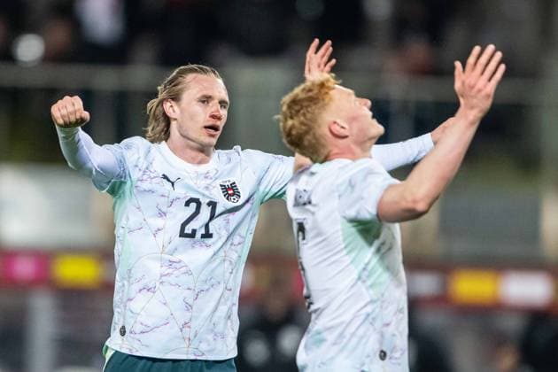 Patrick Wimmer a goal celebrate mi Paul Wanner during friendly match, Austria - Ghana, 27. march 2026, Ernst Happel stadium, Wien, Austria Copyright: xMICHALxFAJT,ZOSPORTU.SKx MAR_0673
