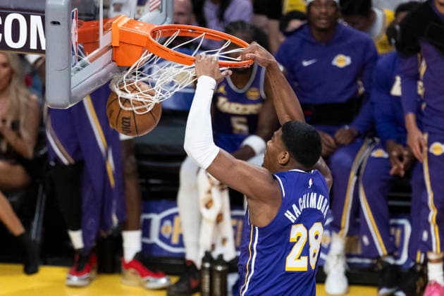 March 27, 2026, Los Angeles, California, United States: Los Angeles Lakers™ Rui Hachimura (28) dunks against the Brooklyn Nets during an NBA, Basketball Herren, USA basketball game at Crypto.com Arena on Friday, March 27, 2026 in Los Angeles. NBA 2026: Lakers 116:99 Nets - 27 Mar 2026  - ZUMAs197 20260327_aaa_s197_553 Copyright: xRingoxChiux