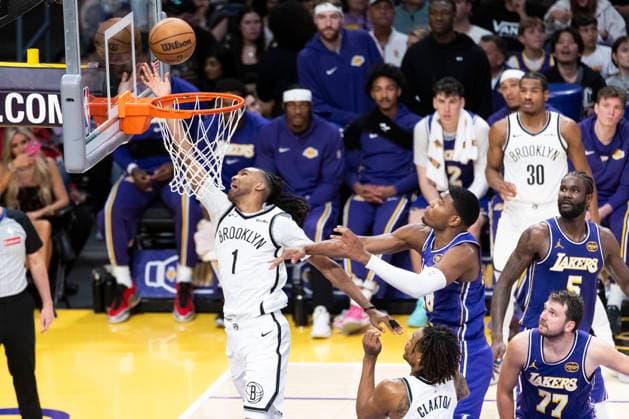 March 27, 2026, Los Angeles, California, United States: Brooklyn Nets™ Ziaire Williams (1) goes past Los Angeles Lakers™ Rui Hachimura (28) to the basket during an NBA, Basketball Herren, USA basketball game at Crypto.com Arena on Friday, March 27, 2026 in Los Angeles. NBA 2026: Lakers 116:99 Nets - 27 Mar 2026  - ZUMAs197 20260327_aaa_s197_564 Copyright: xRingoxChiux
