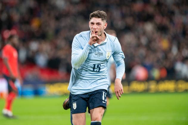 England v Uruguay - International Friendly, Länderspiel, Nationalmannschaft Federico Valverde of Uruguay celebrates after scoring a goal during the international friendly match between England and Uruguay at Wembley Stadium in London, England, on March 27, 2026. The match is part of preparations for the 2026 FIFA World Cup, WM, Weltmeisterschaft, Fussball London London United Kingdom  Copyright: xMartinxSilvaxCosentinox originalFilename:silvacosentino-federico260327_npgza.jpg