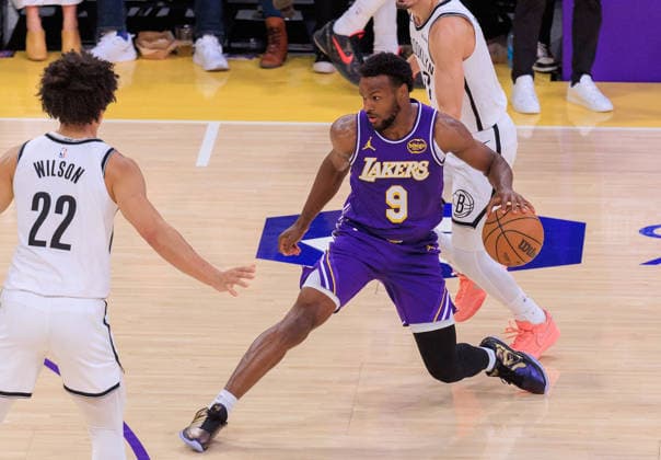 March 27, 2026, Los Angeles, California, USA: Bronny James 9 of the Los Angeles Lakers with the ball during a regular season NBA, Basketball Herren, USA game against the Brooklyn Nets on Friday March 27, 2026 at Crypto.com Arena in Los Angeles, California. Lakers defeat Nets, 116-99. JAVIER ROJAS PI Lakers Defeat Nets, 116-99 - ZUMAp124 20260327_zaa_p124_064 Copyright: xJavierxRojasx