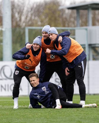 SOCCER - AUT vs KOR, test match VIENNA,AUSTRIA,28.MAR.26 - SOCCER - OEFB international test match, Austria vs South Korea, preview, training Team AUT. Image shows Xaver Schlager, Patrick Pentz, Marko Arnautovic and Michael Svoboda (AUT).  GEPAxpictures xArminxRauthner