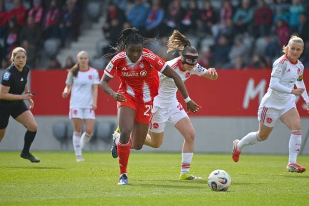 Edna IMADE FCB , Action,duel against Julia POLLAK N Football Google Pixel Womens Bundesliga Season 2025 2026, 22 Matchday, Matchday22 FC Bayern Muenchen Women 1 FC Nuernberg on 28 03 2026 FC BAYERN CAMPUS