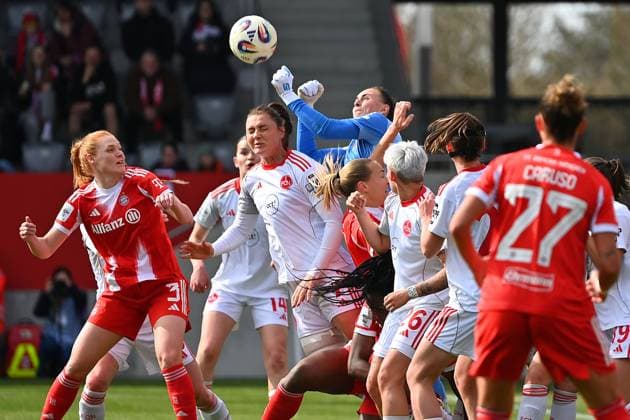 Penalty area scene with from left Stine BALLISAGER FCB ,Marlene LINDNER N ,Leya VARLEY, Magdalena ERIKSSON FCB , Goalkeeper Lourdes ROMEYRO GRZONDZIEL N , Action,duel Football Google Pixel Bundesliga Women Season 2025 2026, 22 Matchday, Matchday22 FC Bayern Muenchen Women 1 FC Nuernberg on 28 03 2026 FC BAYERN CAMPUS