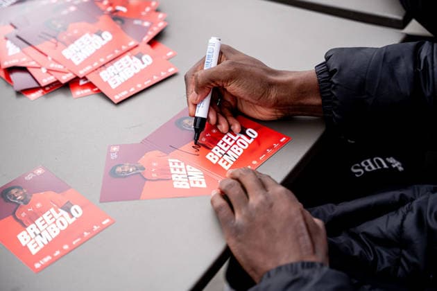 BASEL, SWITZERLAND - MARCH 28: Card being sign by Breel Donald Embolo (7 Switzerland) during the autograph session at Hotel Movenpick on March 28, 2026 in Basel, Switzerland.  Copyright: xPriscilaxBütlerx xSPPx Sportspressphoto_SPR119801