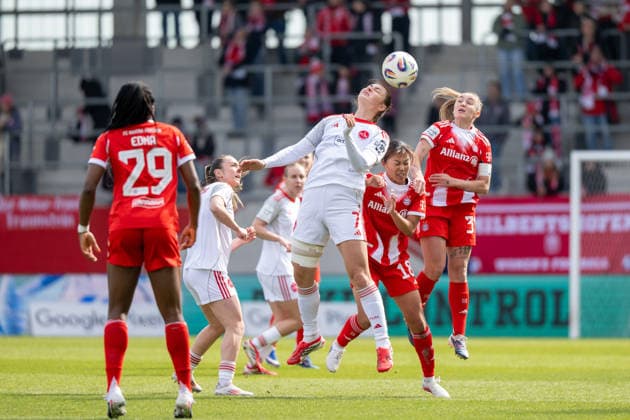 Header duel Leia Varley 7 1 FC Nuernberg , Georgia Stanway 31 FC Bayern Muenchen , FC Bayern Frauen Muenchen 1 FC Nuernberg, Google Pixel Frauenbundesliga, 22 Spieltag, 28 03 26 DFB regulations prohibit any use of photographs as image sequences and or quasi video kolbert press Muenchen Bayern Germany Copyright: xkolbert-press UlrichxGamelx