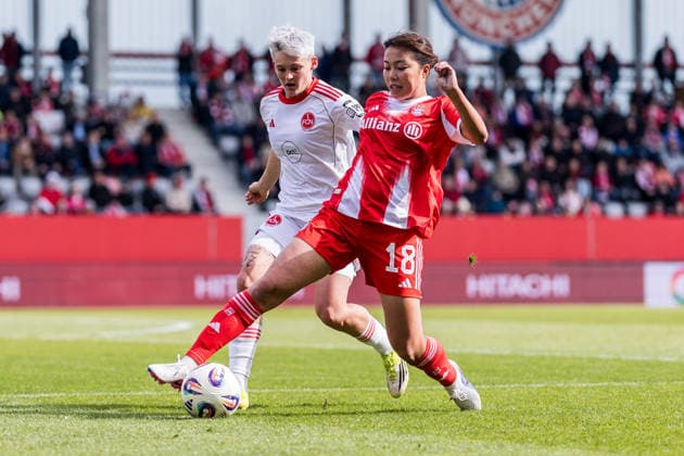 Google Pixel Frauen Bundesliga, FC Bayern München 1 FC Nürnberg 28 03 2026 duel Aneta Polaskova 1 FC Nürnberg, 26 , Momoko Tanikawa FC Bayern München, 18 Google Pixel Frauen Bundesliga, FC Bayern München 1 FC Nürnberg, München, FC Bayern Campus am 28 03 2026 DFB REGULATIONS PROHIBIT ANY USE OF PHOTOGRAPHS AS IMAGE SEQUENCES AND OR QUASI VIDEO Copyright: xBEAUTIFULxSPORTS Wunderlx