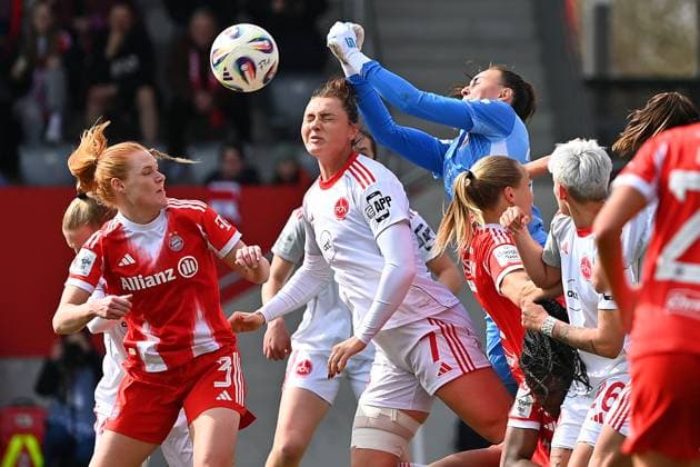 Penalty area scene with from left Stine BALLISAGER FCB ,Marlene LINDNER N ,Leya VARLEY, Magdalena ERIKSSON FCB , Goalkeeper Lourdes ROMEYRO GRZONDZIEL N , Action,duel Football Google Pixel Bundesliga Women Season 2025 2026, 22 Matchday, Matchday22 FC Bayern Muenchen Women 1 FC Nuernberg on 28 03 2026 FC BAYERN CAMPUS Â
