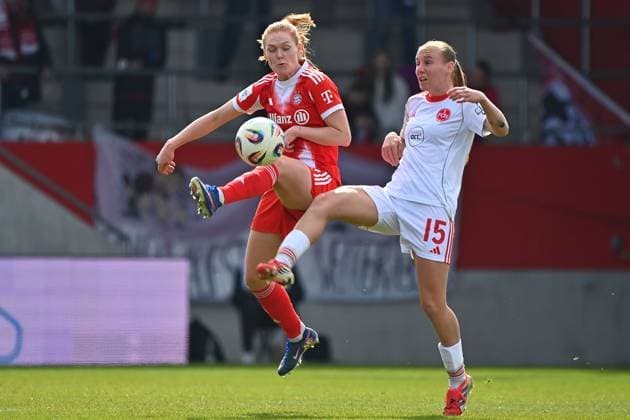 Stine BALLISAGER FCB , action,duel against Emoeke PAPAI N Football Google Pixel Womens Bundesliga Season 2025 2026, 22 Matchday, Matchday22 FC Bayern Muenchen Women 1 FC Nuernberg on 28 03 2026 FC BAYERN CAMPUS
