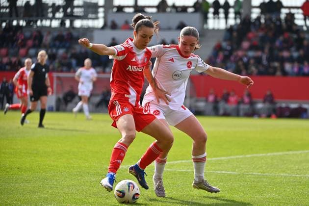 Natalia PADILLA BIDAS FCB , Action,duel against Marlene LINDNER N , Soccer Google Pixel Womens Bundesliga Season 2025 2026, 22 Matchday, Matchday22 FC Bayern Muenchen Women 1 FC Nuernberg on 28 03 2026 FC BAYERN CAMPUS