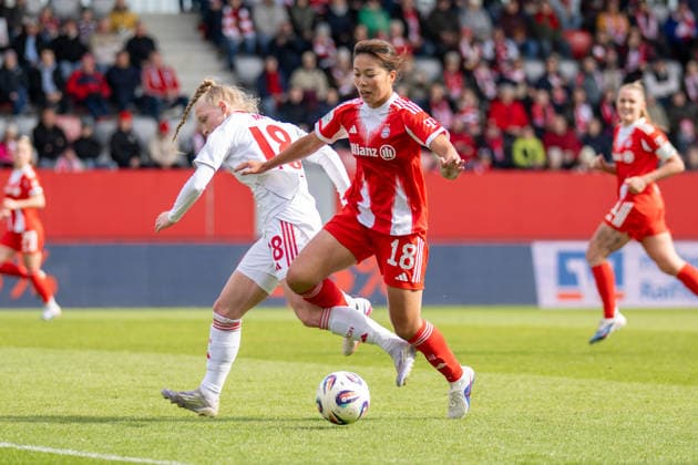 Momoko Tanikawa 18 FC Bayern Muenchen in duel with Franziska Mai 18 1 FC Nuernberg , FC Bayern Frauen Muenchen 1 FC Nuernberg, Google Pixel Frauenbundesliga, 22 Spieltag, 28 03 26 DFB regulations prohibit any use of photographs as image sequences and or quasi video kolbert press Muenchen Bayern Germany Copyright: xkolbert-press UlrichxGamelx