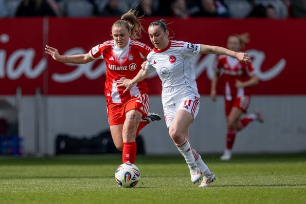 Fight for the ball duel between Georgia Stanway FC Bayern Muenchen Frauen, 31 and Lara Meroni 1 FC Nuernberg, 11 GER, FC Bayern Muenchen Frauen vs 1 FC Nuernberg, Soccer, Google Pixel Frauen Bundesliga, 22 Matchday, Season 2025 2026, 28 03 2026 DFL DFB REGULATIONS PROHIBIT ANY USE OF PHOTOGRAPHS as IMAGE SEQUENCES and or QUASI VIDEO GER, FC Bayern Muenchen Frauen vs 1 FC Nuernberg, Football, Google Pixel Frauen Bundesliga, 22 Spieltag, Saison 2025 2026, 28 03 2026 Muenchen Copyright: xEibner-Pressefoto HeikexFeinerx EP_HFR