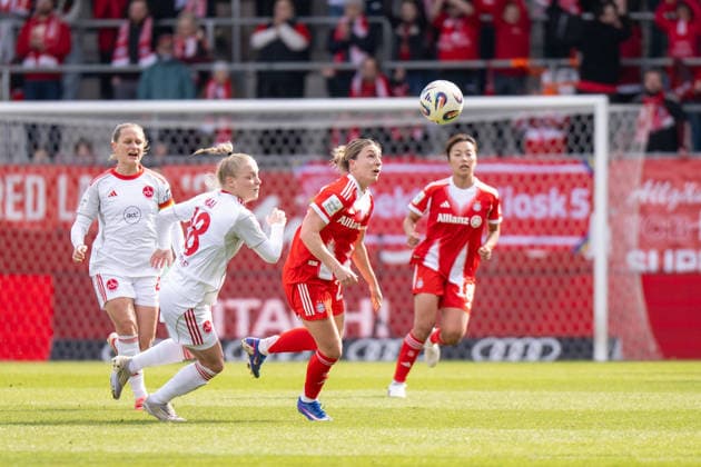 Franziska Mai 18 1 FC Nuernberg in duel with Barbara Dunst 28 FC Bayern Muenchen , FC Bayern Frauen Muenchen 1 FC Nuernberg, Google Pixel Frauenbundesliga, 22 Spieltag, 28 03 26 DFB regulations prohibit any use of photographs as image sequences and or quasi video kolbert press Muenchen Bayern Germany Copyright: xkolbert-press UlrichxGamelx