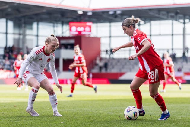 Google Pixel Frauen Bundesliga, FC Bayern München 1 FC Nürnberg 28 03 2026 Zweikampf Franziska Mai 1 FC Nürnberg, 18 , Barbara Dunst FC Bayern München, 28 Google Pixel Frauen Bundesliga, FC Bayern München 1 FC Nürnberg, München, FC Bayern Campus am 28 03 2026 DFB REGULATIONS PROHIBIT ANY USE OF PHOTOGRAPHS AS IMAGE SEQUENCES AND OR QUASI VIDEO Copyright: xBEAUTIFULxSPORTS Wunderlx