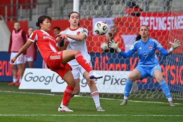Momoko TANIKAWA FCB , Action,duel against Marlene LINDNER N Football Google Pixel Womens Bundesliga Season 2025 2026, 22 Matchday, Matchday22 FC Bayern Muenchen Women 1 FC Nuernberg on 28 03 2026 FC BAYERN CAMPUS