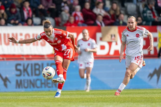 Arianna Caruso 27 FC Bayern Muenchen , Emoeke Papai 15 1 FC Nuernberg , FC Bayern Frauen Muenchen 1 FC Nuernberg, Google Pixel Frauenbundesliga, 22 Spieltag, 28 03 26 DFB regulations prohibit any use of photographs as image sequences and or quasi video kolbert press Muenchen Bayern Germany Copyright: xkolbert-press UlrichxGamelx