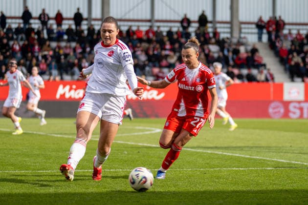 Leia Varley 7 1 FC Nuernberg in a duel with Arianna Caruso 27 FC Bayern Muenchen , FC Bayern Frauen Muenchen 1 FC Nuernberg, Google Pixel Frauenbundesliga, 22 Spieltag, 28 03 26 DFB regulations prohibit any use of photographs as image sequences and or quasi video kolbert press Muenchen Bayern Germany Copyright: xkolbert-press UlrichxGamelx