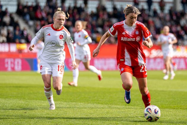 Franziska Mai 18 1 FC Nuernberg , Barbara Dunst 28 FC Bayern Muenchen , FC Bayern Frauen Muenchen 1 FC Nuernberg, Google Pixel Frauenbundesliga, 22 Spieltag, 28 03 26 DFB regulations prohibit any use of photographs as image sequences and or quasi video kolbert press Muenchen Bayern Germany Copyright: xkolbert-press UlrichxGamelx