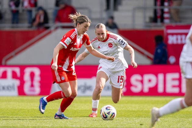 Barbara Dunst 28 FC Bayern Muenchen in duel with n156 , FC Bayern Frauen Muenchen 1 FC Nuernberg, Google Pixel Frauenbundesliga, 22 Spieltag, 28 03 26 DFB regulations prohibit any use of photographs as image sequences and or quasi video kolbert press Muenchen Bayern Germany Copyright: xkolbert-press UlrichxGamelx