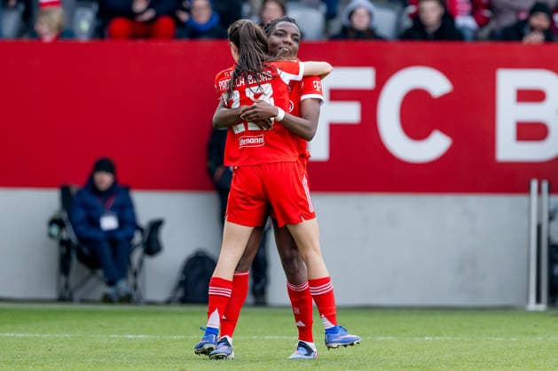 Edna Imade FC Bayern Muenchen Frauen, 29 celebrates with Natalia Padilla Bidas FC Bayern Muenchen Frauen, 23 her goal for 2 0 GER, FC Bayern Muenchen Frauen vs 1 FC Nuernberg, Football, Google Pixel Frauen Bundesliga, 22 Matchday, Season 2025 2026, 28 03 2026 DFL DFB REGULATIONS PROHIBIT ANY USE OF PHOTOGRAPHS as IMAGE SEQUENCES and or QUASI VIDEO GER, FC Bayern Muenchen Frauen vs 1 FC Nuernberg, Football, Google Pixel Frauen Bundesliga, 22 Spieltag, Saison 2025 2026, 28 03 2026 Muenchen Copyright: xEibner-Pressefoto HeikexFeinerx EP_HFR