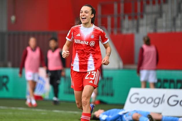 Goal celebration V RE NATALIA PADILLA BIDAS FCB , AFTER GOAL 2 0,, Cheering,Joy,Enthusiasm,Action, Soccer Google Pixel Womens Bundesliga Season 2025 2026, 22 Matchday, Matchday22 FC Bayern Muenchen Women 1 FC Nuernberg on 28 03 2026 FC BAYERN CAMPUS