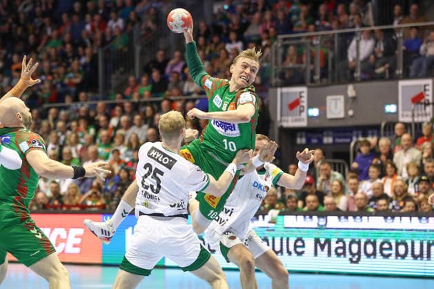 28 03 2026, xtgx, Handball, Daikin HBL, SC Magdeburg Füchse Berlin v l Gisli Thorgeir Kristjansson Magdeburg, 10 wirft Tor, Torschuetze, erzielt Tor, Treffer, scores the goal Magdeburg
