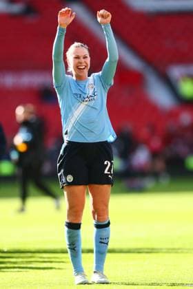 Rebecca Knaak of Manchester City celebrates at the end of the match Manchester United, ManU Women v Manchester City Women, Barclays Women s Super League 2025-26, Football, Old Trafford, Manchester, UK - 28 Mar 2026Manchester Old Trafford United Kingdom EDITORIAL USE ONLY No use with unauthorised audio, video, data, fixture lists, club league logos or live services. Online in-match use limited to 120 images, no video emulation. No use in betting, games or single club league player publications.  Copyright: xPaulxCurrie Shutterstockx 16788951au