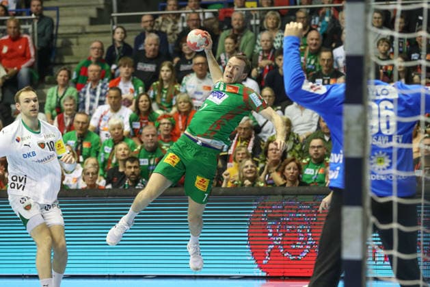 28 03 2026, xtgx, Handball, Daikin HBL, SC Magdeburg Füchse Berlin v l Felix Claar Magdeburg, 7 wirft Tor, Torschuetze, erzielt Tor, Treffer, scores the goal Magdeburg