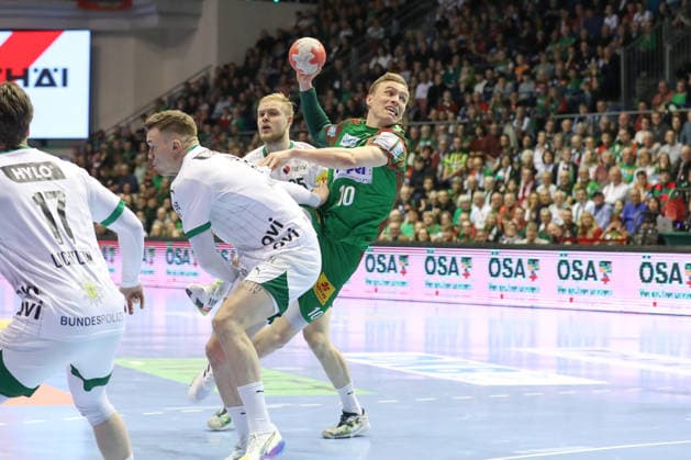 28 03 2026, xtgx, Handball, Daikin HBL, SC Magdeburg Füchse Berlin v l Gisli Thorgeir Kristjansson Magdeburg, 10 wirft Tor, Torschuetze, erzielt Tor, Treffer, scores the goal Magdeburg