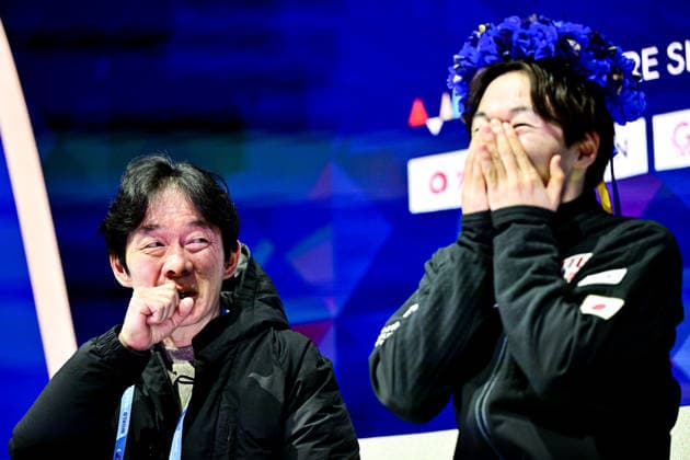 Yuma KAGIYAMA (JPN), at Kiss & Cry, during Men Free Skating, at the ISU Figure skating, Eiskunstlauf World Championships 2026, at O2 Arena, on March 28, 2026 in Prague, Czechia. Noxthirdxpartyxsales  aflo_325186140