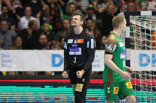 28 03 2026, xtgx, Handball, Daikin HBL, SC Magdeburg Füchse Berlin v l Sergey Hernandez Ferrer Magdeburg, 1 cheers over held ball, defended, held, Torhueter Magdeburg