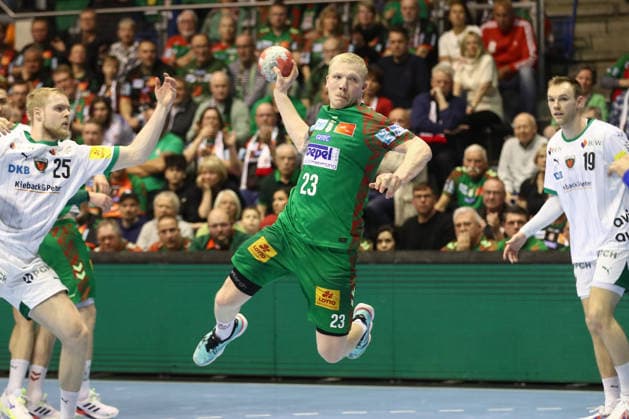 28 03 2026, xtgx, Handball, Daikin HBL, SC Magdeburg Füchse Berlin v l Magnus Saugstrup Magdeburg, 23 throws goal, Torschuetze, scores goal, Treffer, scores the goal Magdeburg