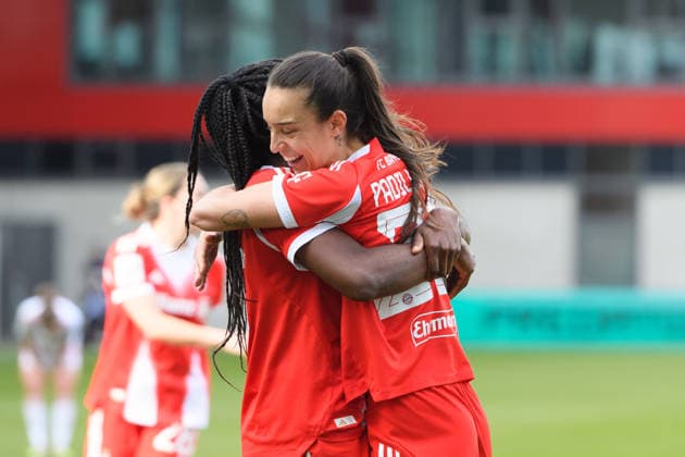 MUNICH, GERMANY - MARCH 28: Natalia Padilla-Bidas (23 FC Bayern Munich) celebrates her goal with Edna Imade (29 FC Bayern Munich) during the Google Pixel Frauen-Bundesliga match between FC Bayern Munich and 1. FC Nuremberg at FC Bayern Campus Munich, Germany. Copyright: xSvenxBeyrich SPPx Sportspressphoto_SPR119974