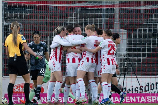 COLOGNE, GERMANY - MARCH 28: Players of 1. FC Köln celebrate the goal during the Google Pixel Frauen-Bundesliga between 1. FC Köln and Eintracht Frankfurt at Franz-Kremer-Stadion on March 28, 2026 in Cologne, Germany. (Photo by Qianru Zhang Press Photo) Copyright: xQianruxZhang SPPx Sportspressphoto_SPR120108