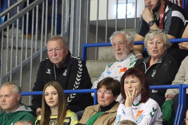 28 03 2026, xtgx, Handball, Daikin HBL, SC Magdeburg Füchse Berlin f l Chairman of the Supervisory Board Bodmar Reichert, Dieter Hallervorden Magdeburg